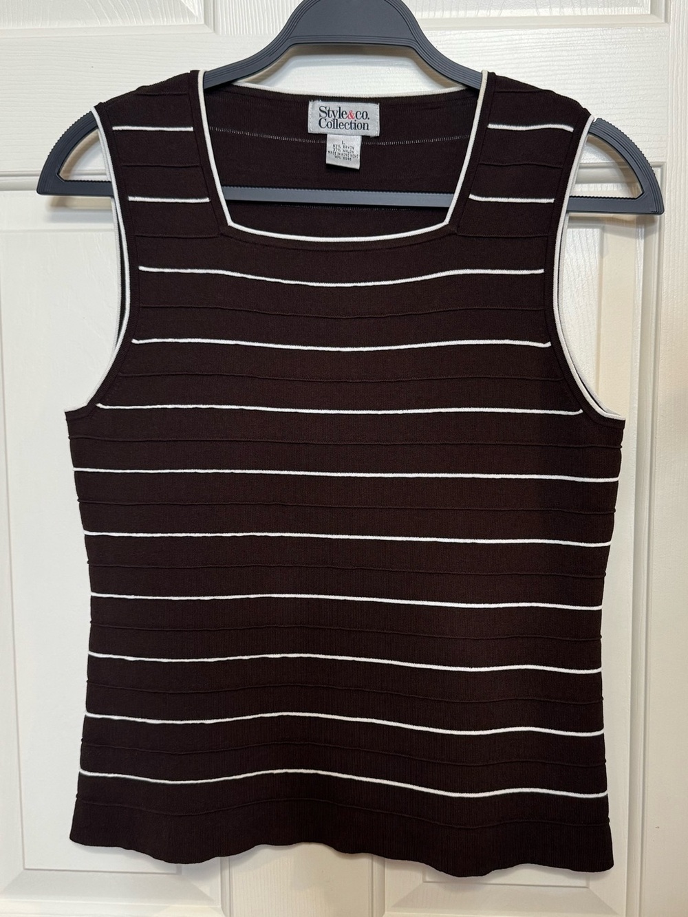 Style & Co. Brown/white Striped Square Neck Sleeveless Knit Top L